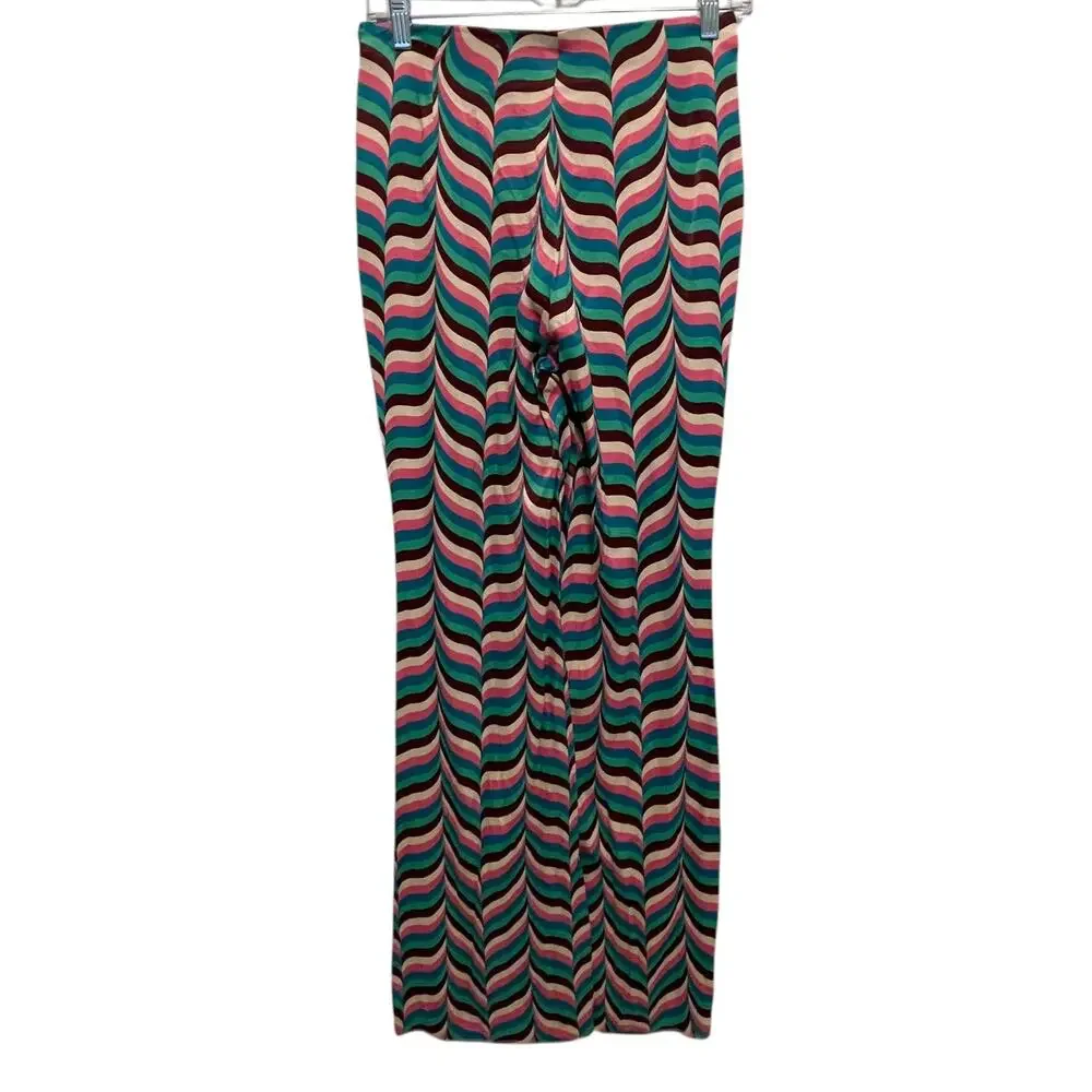 Zara Wide Leg Pants Size Medium Pink Teal Zig Zag Stripe 70s Festival High Rise